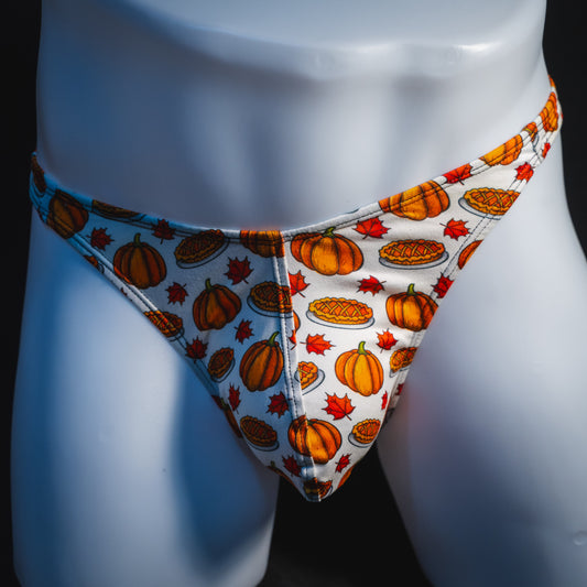 Men's pumpkin pie Thanksgiving thong underwear, classic cut, front view