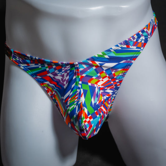 Men's bold colorful thong underwear, classic cut, front view.