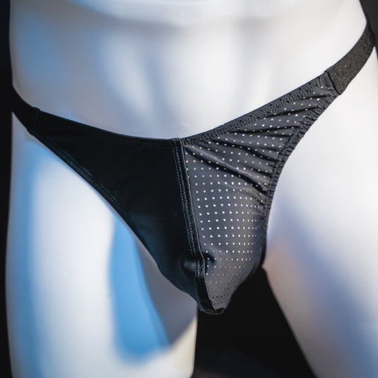 Men's half mesh solid black thong underwear, classic cut, front view.
