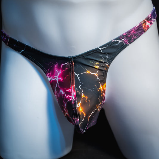 Men's purple lightning thong underwear, slim cut, front view.