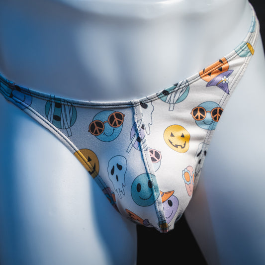 Men's Halloween pals thong underwear, classic cut, front view.