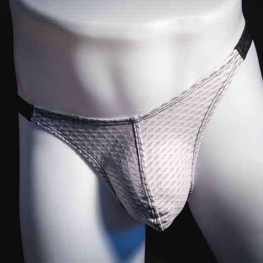 Men's ash white and black athletic mesh thong underwear, classic cut, front view.