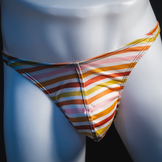 Men's Autumn striped thong underwear, classic cut, front view.