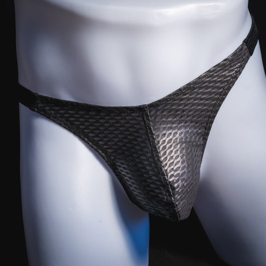 Men's black athletic mesh thong underwear, classic cut, front view.