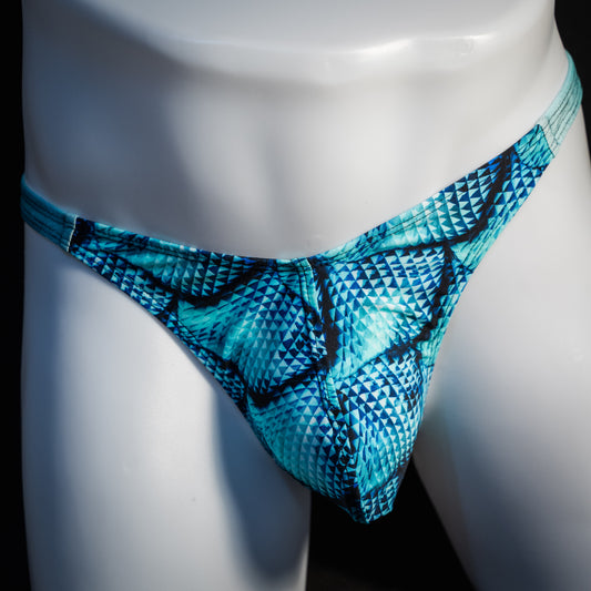 Men's blue merman thong underwear, classic cut, front view.