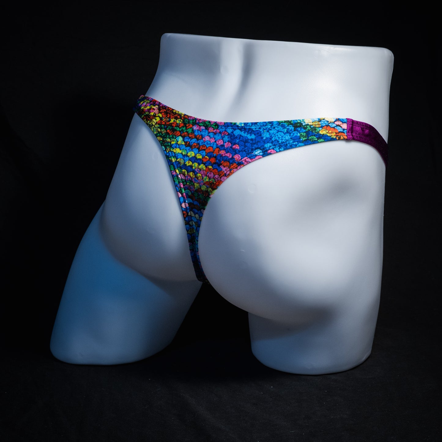 Men's rainbow scale thong underwear, classic cut, Rear view