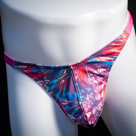 Men's crystal shard thong underwear with pink straps, classic cut, front view.
