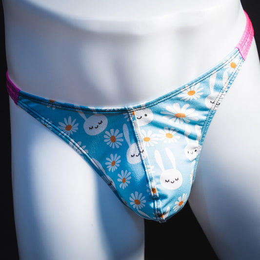 Men's easter bunnies thong underwear, classic cut, front view.