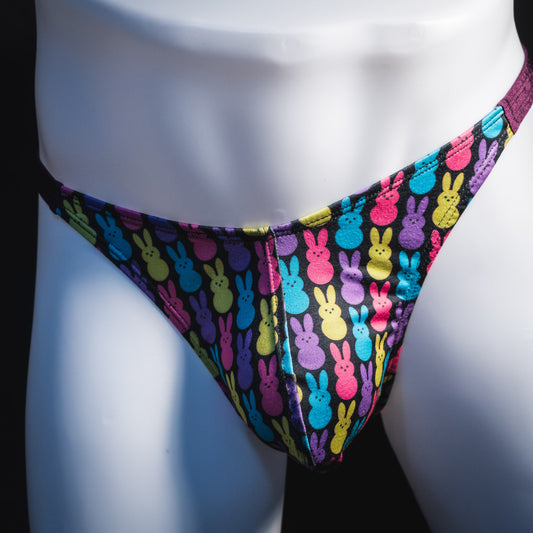 Men's colorful bunnies thong underwear, classic cut, front view.