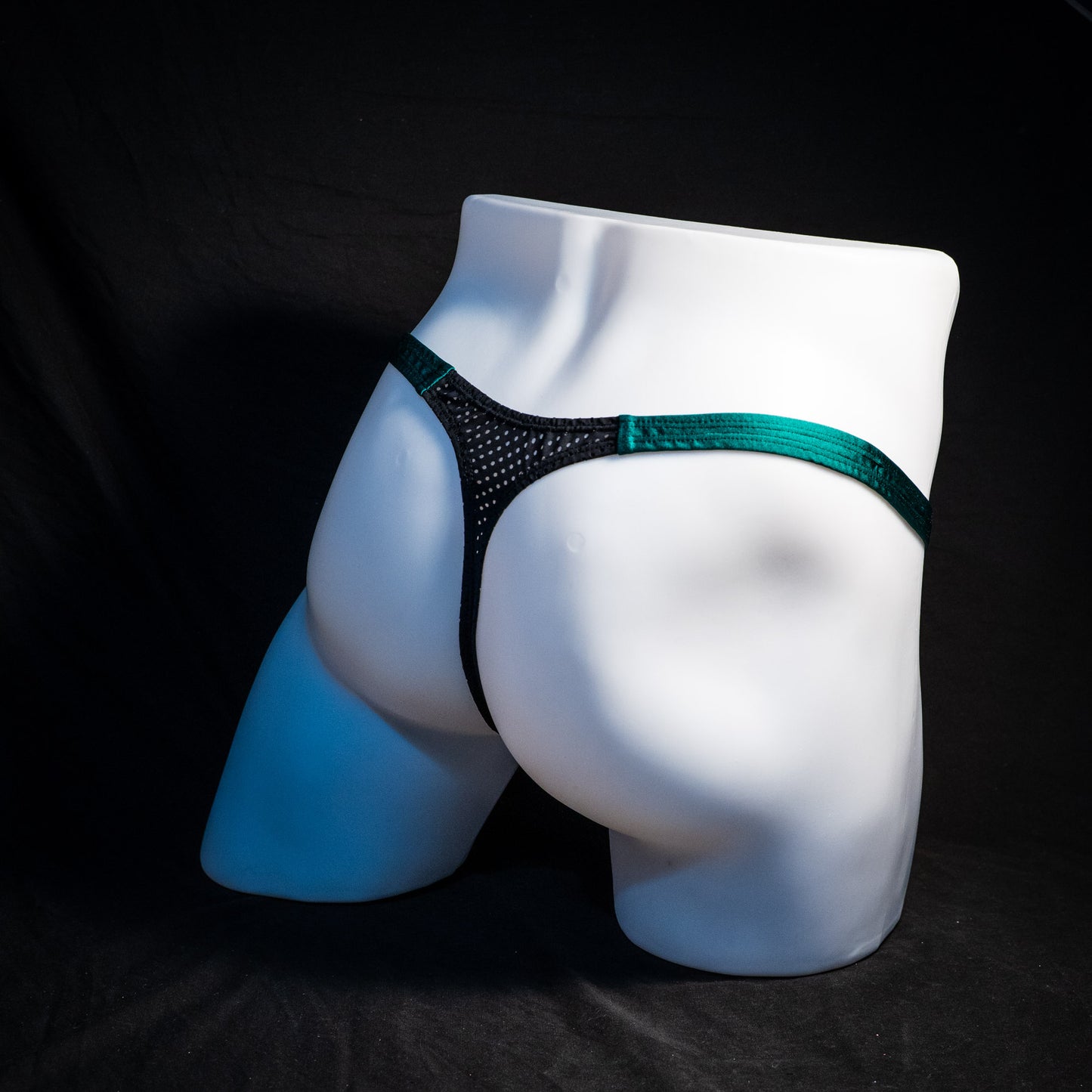 Men's mesh and forest green thong underwear, classic cut, Full angled rear view
