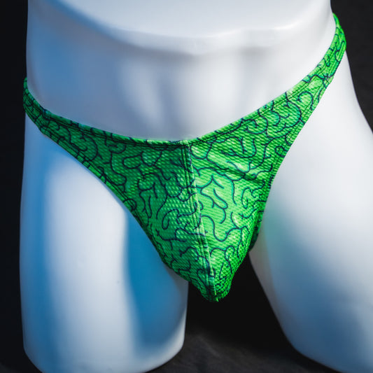 Men's green brains thong underwear, classic cut.