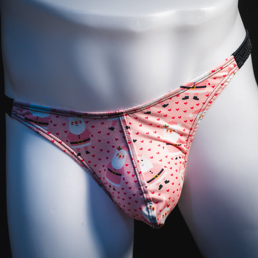 Men's happy Santa's thong underwear, classic cut, front view.