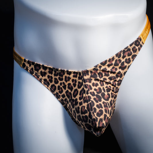 Men's leopard print thong underwear, classic cut, front view.