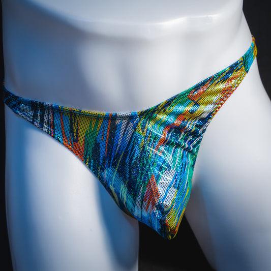 Men's metallic sparkle thong underwear, classic cut, front view.