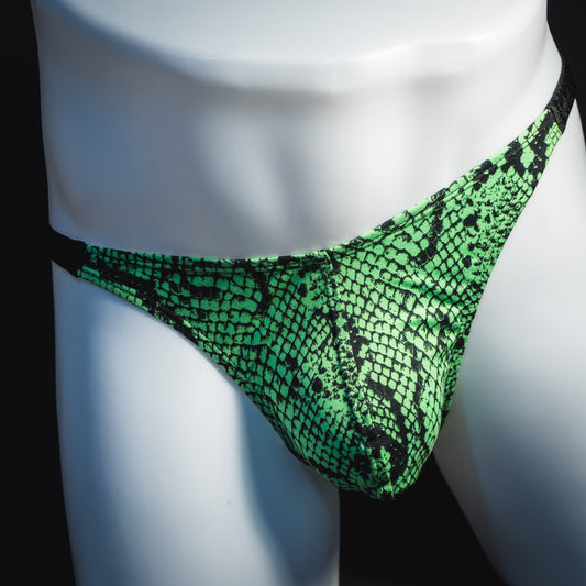 Men's neon green snakeskin thong underwear, classic cut, front view.