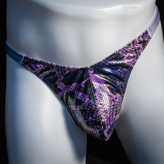 Men's purple metallic snakeskin thong underwear, classic cut, front view.