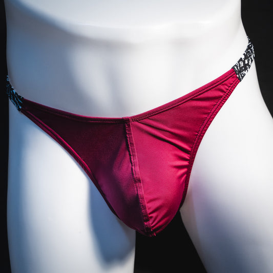 Men's silky maroon thong underwear, classic cut, Front view