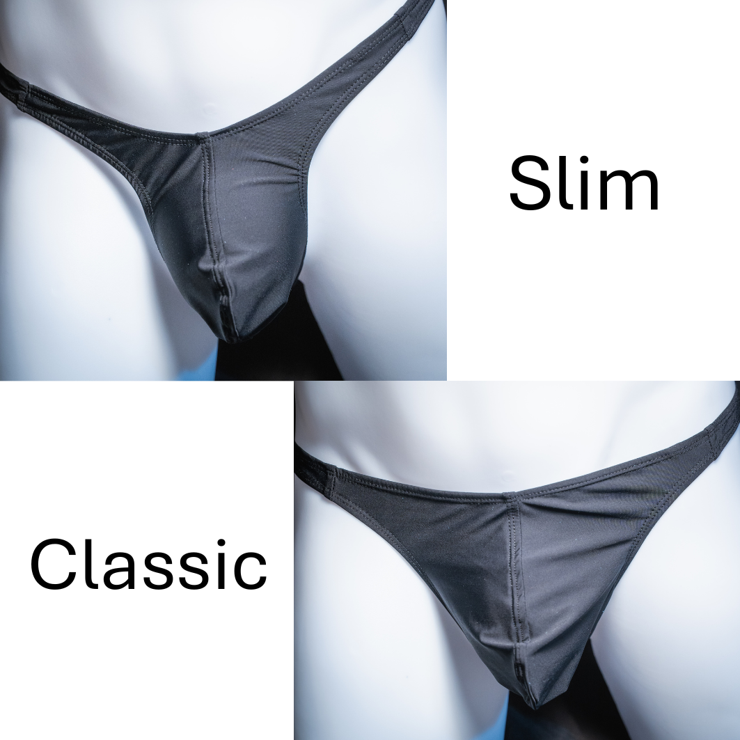 Comparison of slim and classic cut underwear on mannequins with labels.