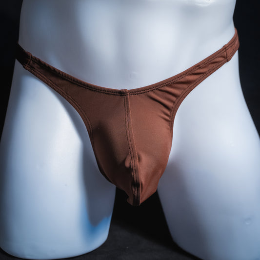 Men's solid brown thong, slim cut, front view.