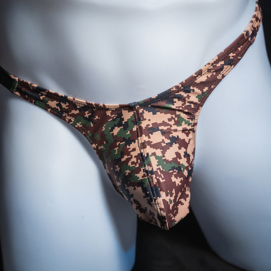 Men's digital camo thong, slim cut, front view.
