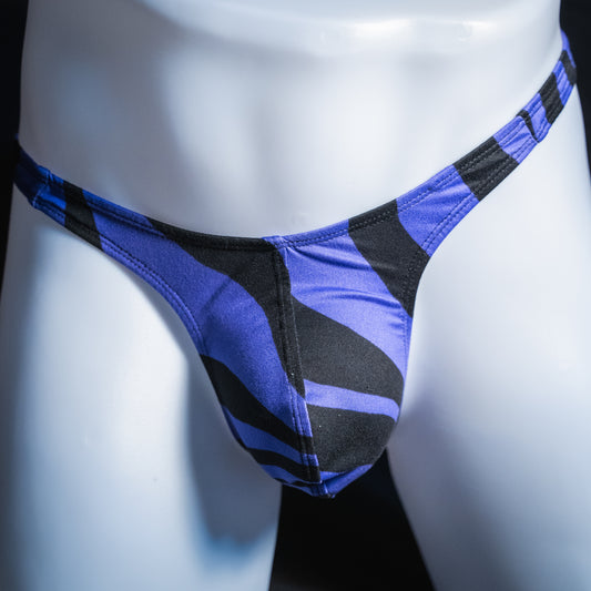 Men's purple and black thong, slim cut, front view.