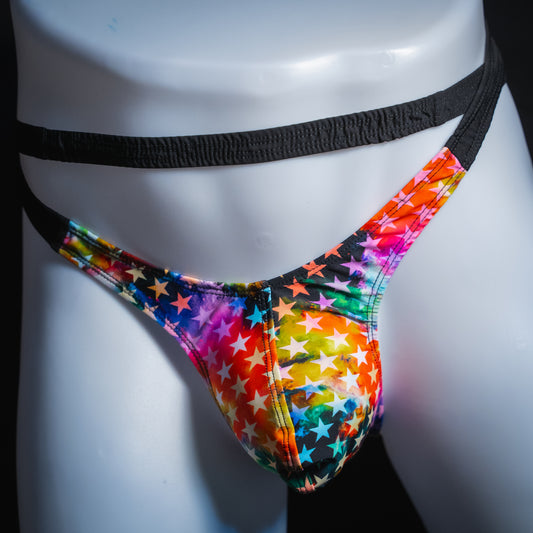 Men's double strap thong with star pattern, slim cut, front view.
