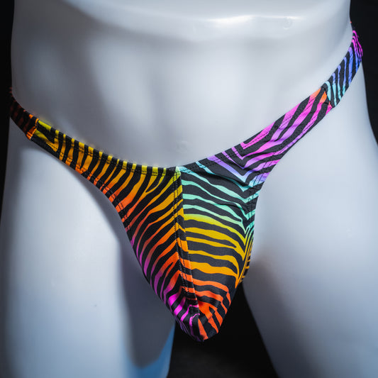 Men's rainbow zebra thong, slim cut, front view.