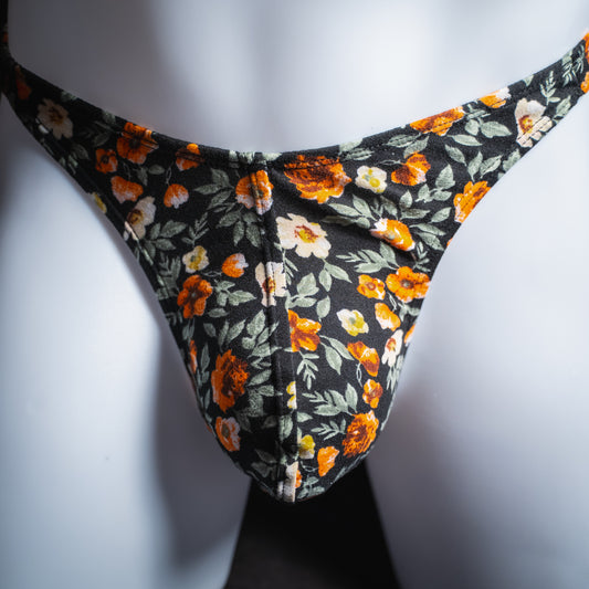 handmade mens thong underwear, classy floral design, soft polyester material, classic cut variation, front view