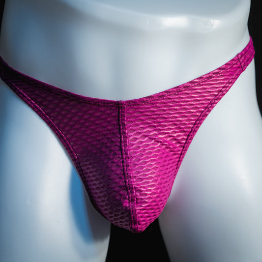 handmade mens thong underwear, plum purple yoga mesh material, classic cut variation