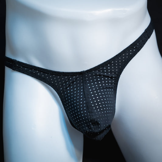 men's black mesh thong underwear, slim cut, front view.