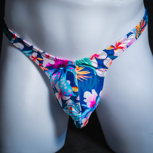 Mens' blue floral thong, slim cut, front view.
