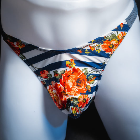 handmade mens thong underwear, floral striped pattern, polyester material, classic cut variation, front view