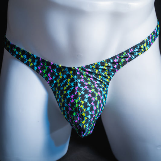 Men's colorful wavy line thong, slim cut, front view.