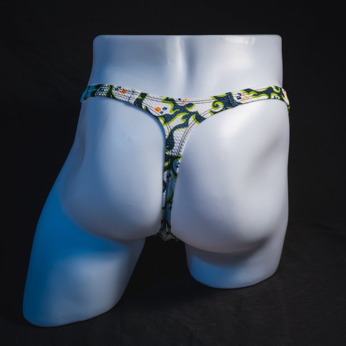 Men's Cute Ghosts Halloween Thong Underwear, full rear view.