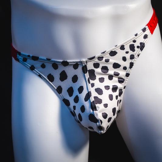 Men's dalmatian thong underwear, classic cut, front view.