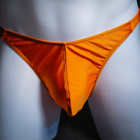 handmade mens thong underwear, solid orange print, spandex material, classic cut variation, front view