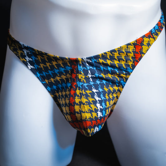 handmade mens thong underwear, jagged shapes print, soft polyester material, classic cut variation, front view