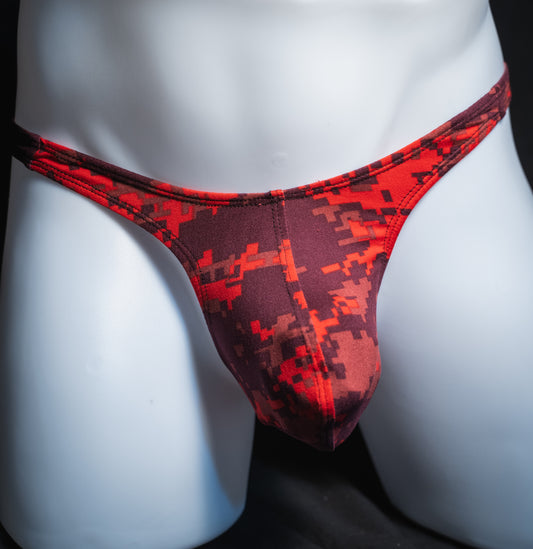 handmade mens thong underwear, red digital camo print, soft polyester material, slim cut variation, front view