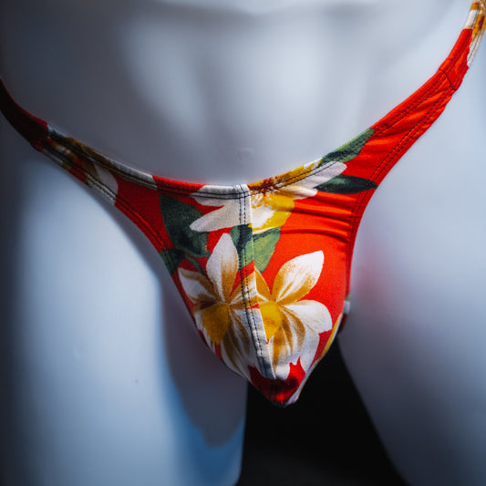 handmade mens thong underwear, red floral print, soft polyester material, slim cut variation, front view