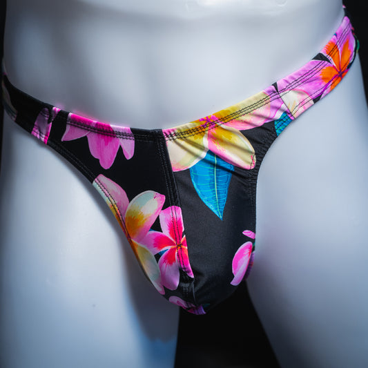 handmade mens thong underwear, pink floral pattern, spandex material, robust cut design, front view