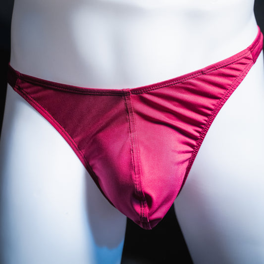 Men's silky maroon thong, classic cut, front view.