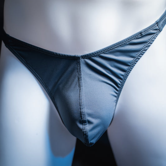 handmade mens thong underwear, solid gray print, spandex material, classic cut variation, front view
