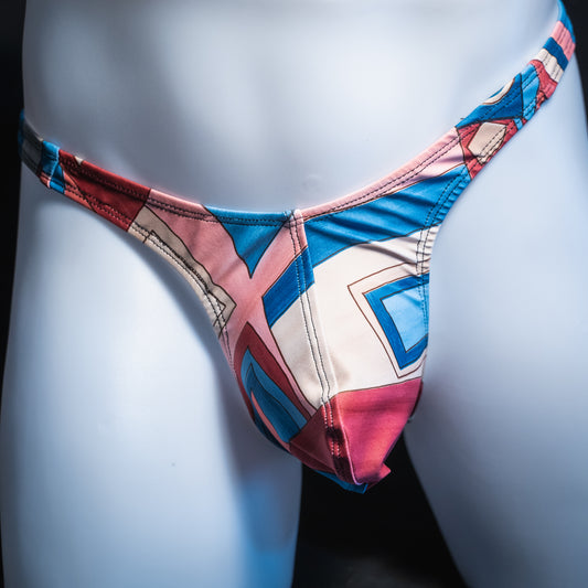 Men's abstract art deco thong, slim cut, front view.