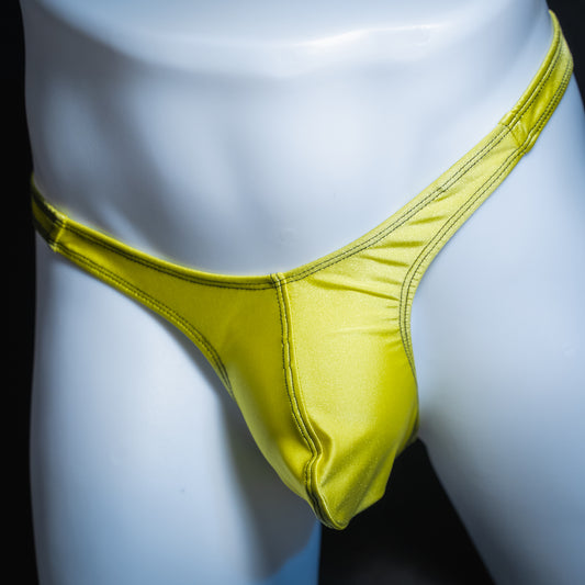 Men's neon yellow thong, slim cut, front view.