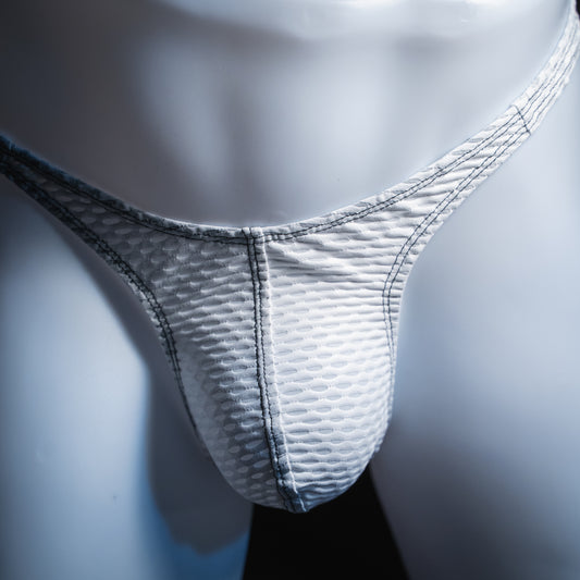 handmade mens thong underwear, white yoga mesh material, front view