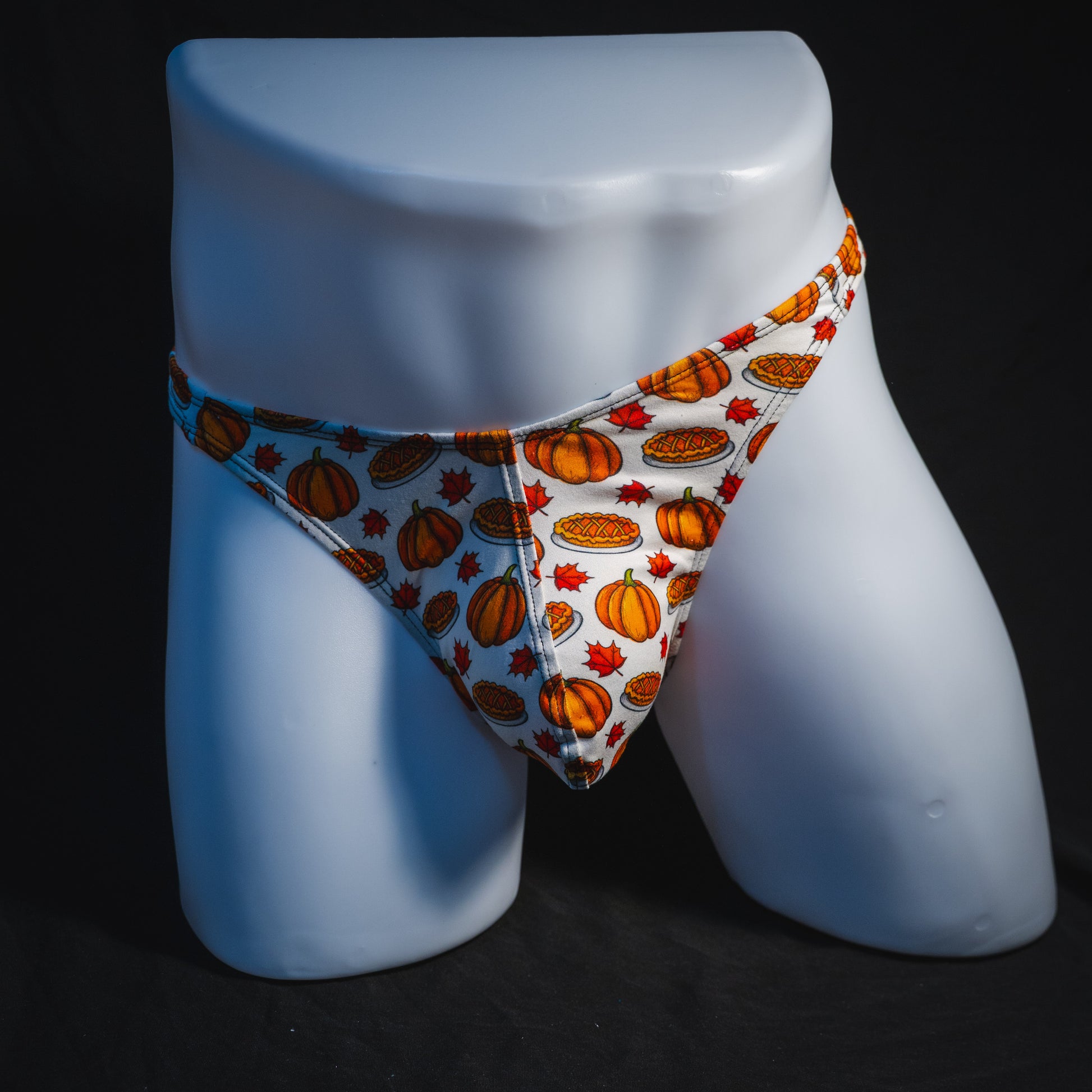 Men's pumpkin pie Thanksgiving thong underwear, classic cut, full front view