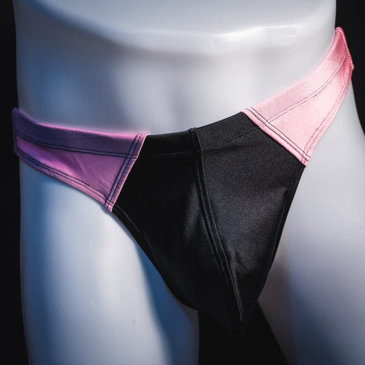 Men's pink and black thong underwear. contour cut, front view.