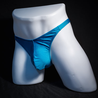 Men's teal blue thong underwear, classic cut, front view.