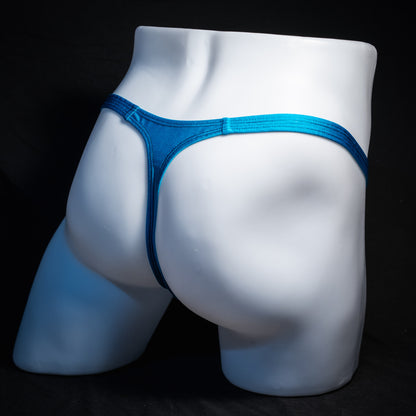 Men's teal blue thong underwear, classic cut, rear view.