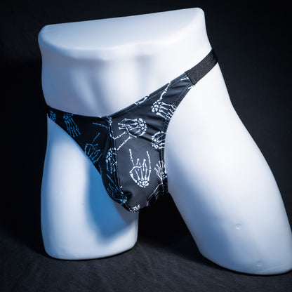Men's skeleton hands thong underwear, classic cut, front view.